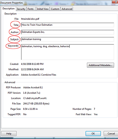 PDF properties description tab