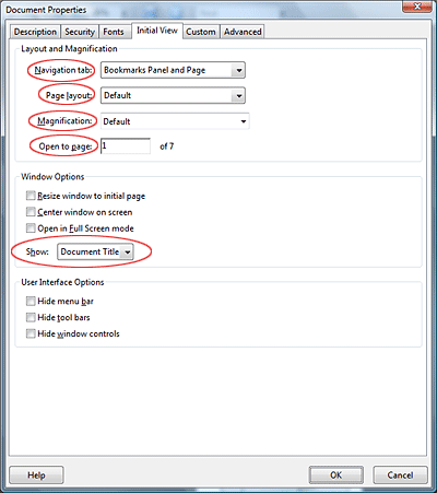 PDF properties initial view tab