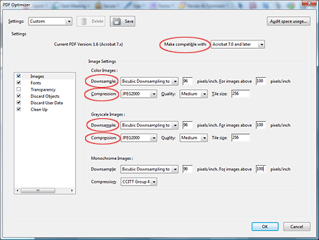 PDF optimizer images dialog box